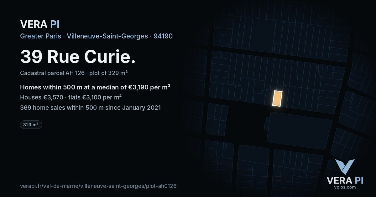 39 Rue Curie, Villeneuve-Saint-Georges at night – the plot lit, the parcels around coloured by the prices near them