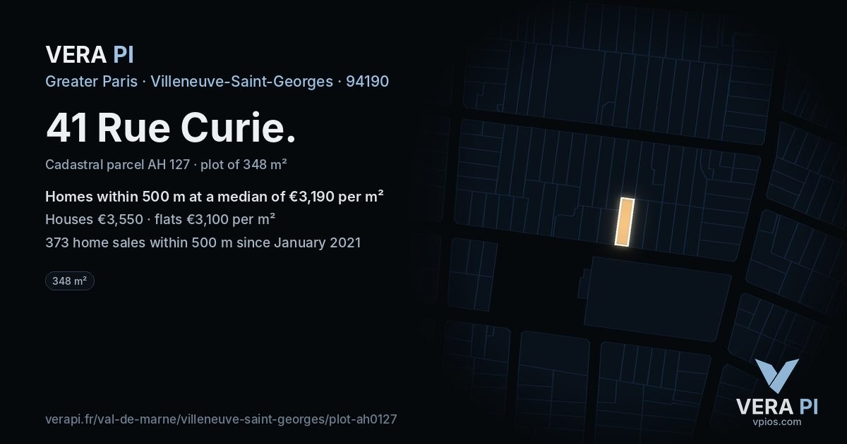 41 Rue Curie, Villeneuve-Saint-Georges at night – the plot lit, the parcels around coloured by the prices near them