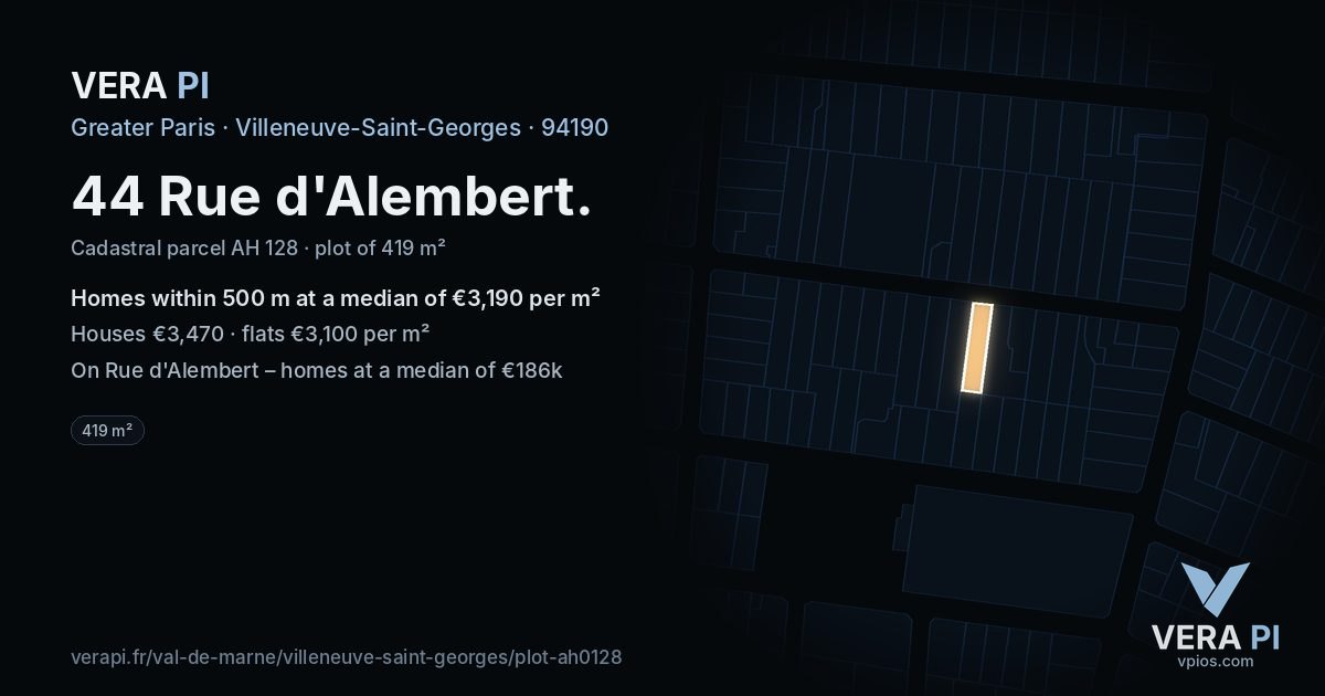 44 Rue d'Alembert, Villeneuve-Saint-Georges at night – the plot lit, the parcels around coloured by the prices near them