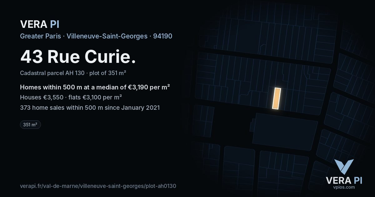 43 Rue Curie, Villeneuve-Saint-Georges at night – the plot lit, the parcels around coloured by the prices near them