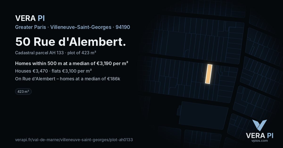 50 Rue d'Alembert, Villeneuve-Saint-Georges at night – the plot lit, the parcels around coloured by the prices near them