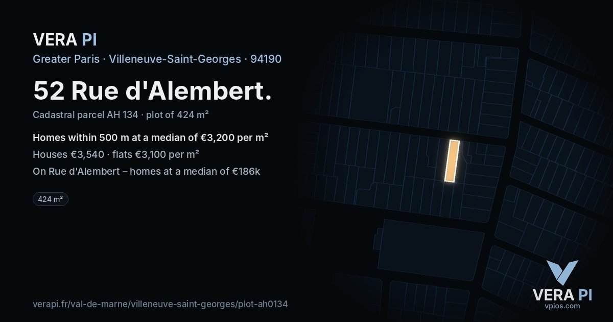 52 Rue d'Alembert, Villeneuve-Saint-Georges at night – the plot lit, the parcels around coloured by the prices near them
