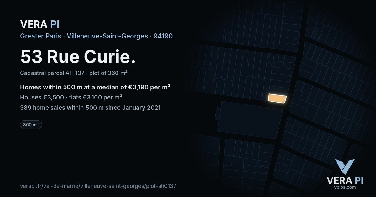 53 Rue Curie, Villeneuve-Saint-Georges at night – the plot lit, the parcels around coloured by the prices near them