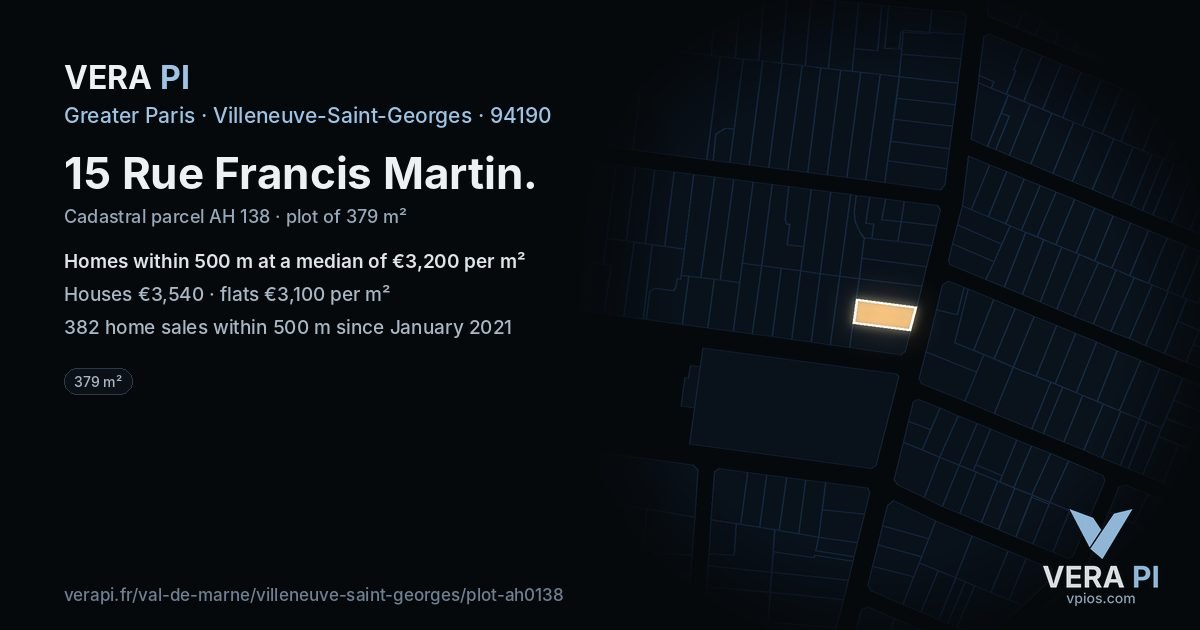 15 Rue Francis Martin, Villeneuve-Saint-Georges at night – the plot lit, the parcels around coloured by the prices near them