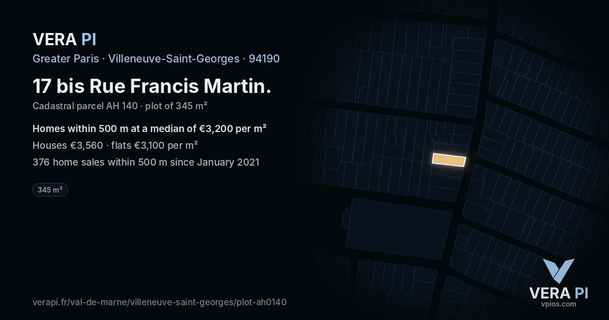 17 bis Rue Francis Martin, Villeneuve-Saint-Georges at night – the plot lit, the parcels around coloured by the prices near them