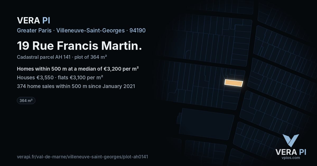 19 Rue Francis Martin, Villeneuve-Saint-Georges at night – the plot lit, the parcels around coloured by the prices near them