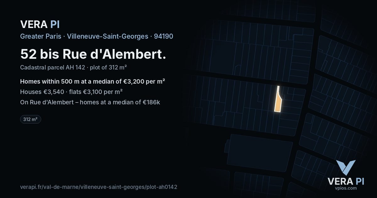 52 bis Rue d'Alembert, Villeneuve-Saint-Georges at night – the plot lit, the parcels around coloured by the prices near them