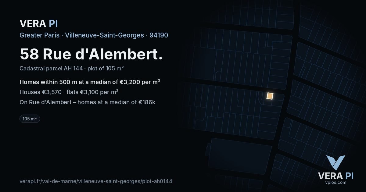 58 Rue d'Alembert, Villeneuve-Saint-Georges at night – the plot lit, the parcels around coloured by the prices near them