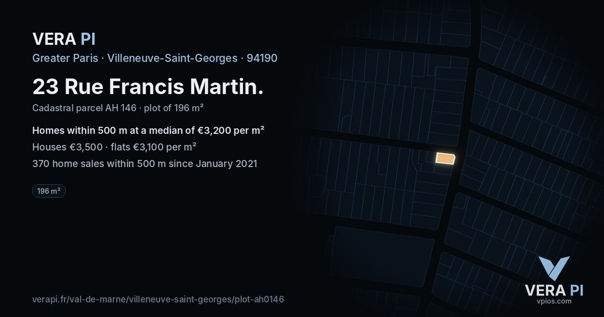 23 Rue Francis Martin, Villeneuve-Saint-Georges at night – the plot lit, the parcels around coloured by the prices near them