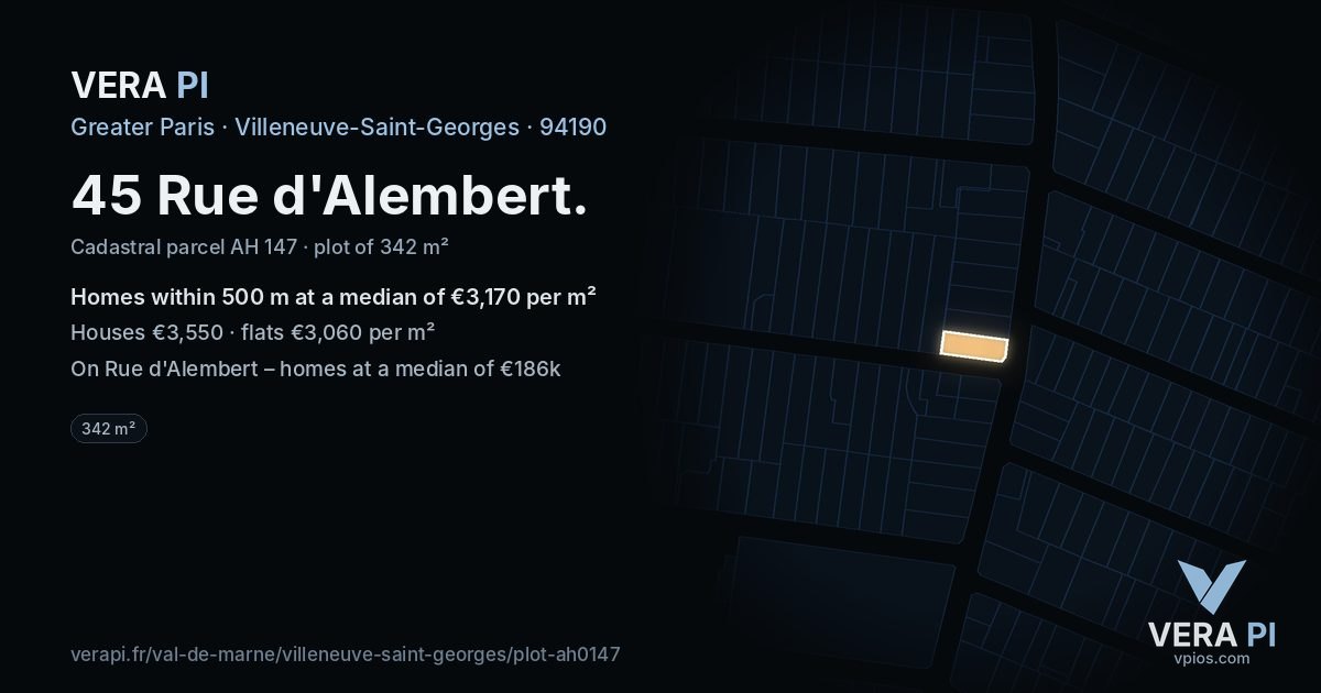 45 Rue d'Alembert, Villeneuve-Saint-Georges at night – the plot lit, the parcels around coloured by the prices near them