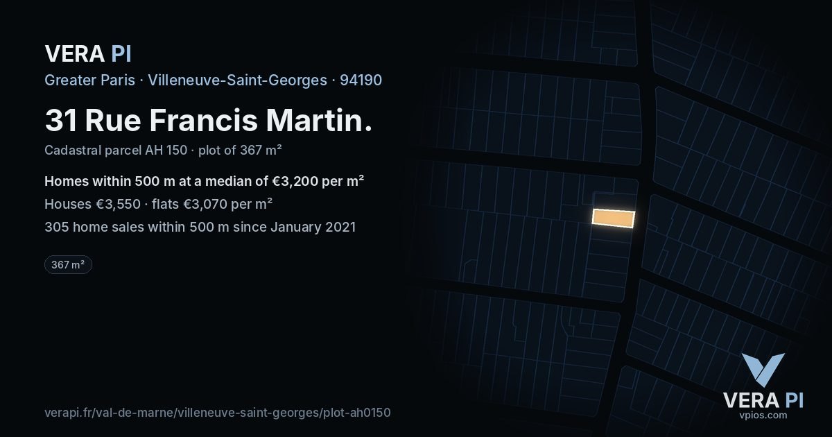 31 Rue Francis Martin, Villeneuve-Saint-Georges at night – the plot lit, the parcels around coloured by the prices near them