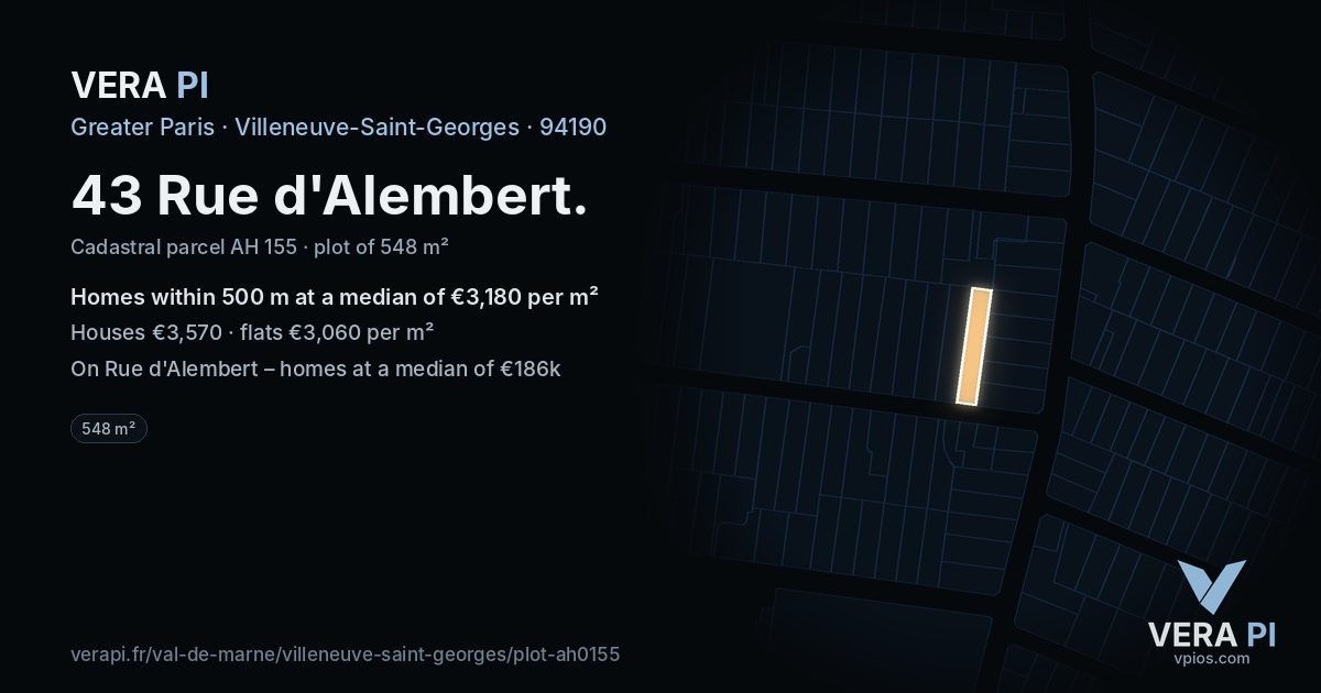 43 Rue d'Alembert, Villeneuve-Saint-Georges at night – the plot lit, the parcels around coloured by the prices near them
