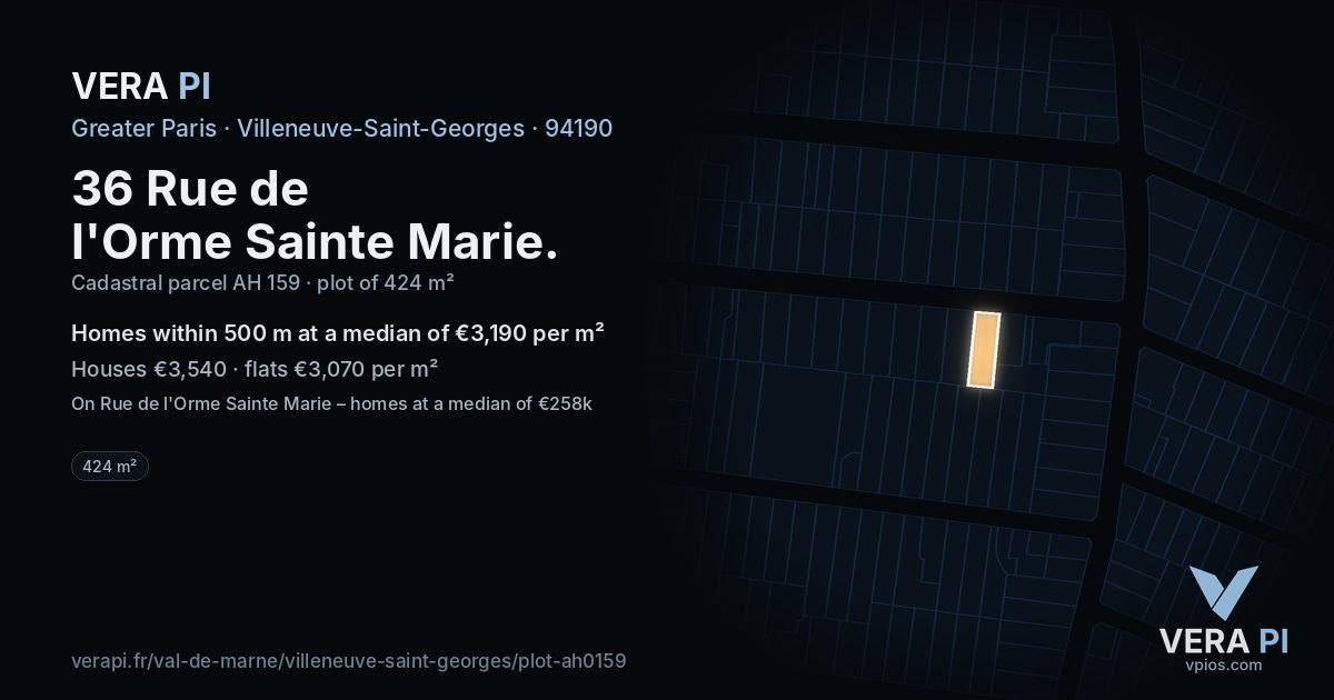 36 Rue de l'Orme Sainte Marie, Villeneuve-Saint-Georges at night – the plot lit, the parcels around coloured by the prices near them