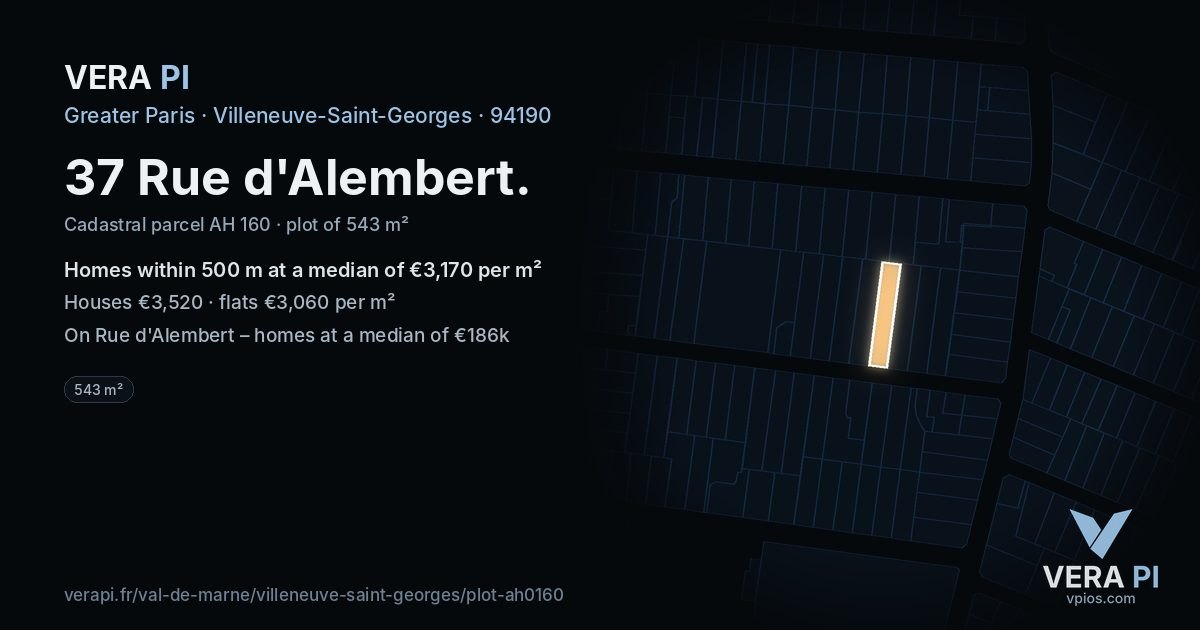 37 Rue d'Alembert, Villeneuve-Saint-Georges at night – the plot lit, the parcels around coloured by the prices near them