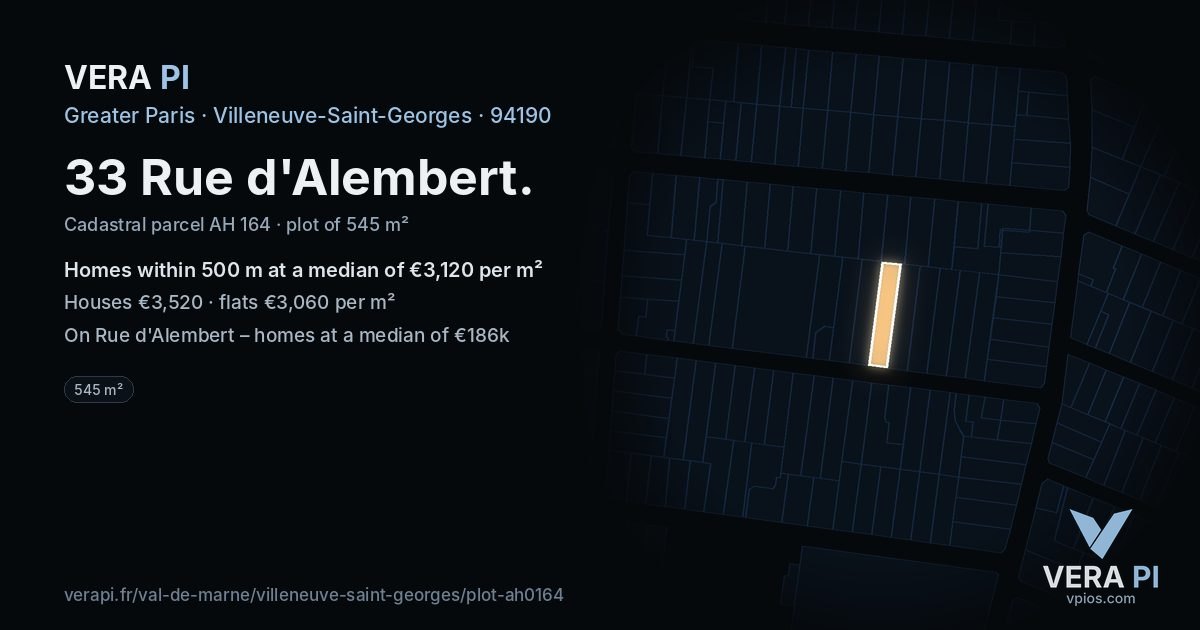 33 Rue d'Alembert, Villeneuve-Saint-Georges at night – the plot lit, the parcels around coloured by the prices near them