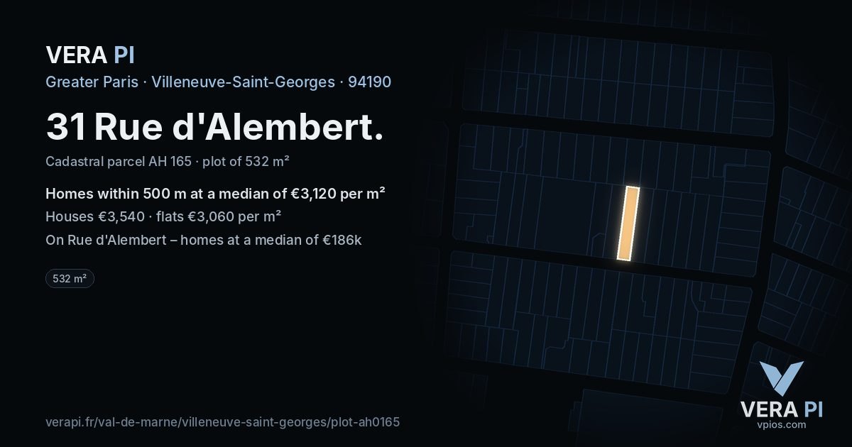 31 Rue d'Alembert, Villeneuve-Saint-Georges at night – the plot lit, the parcels around coloured by the prices near them