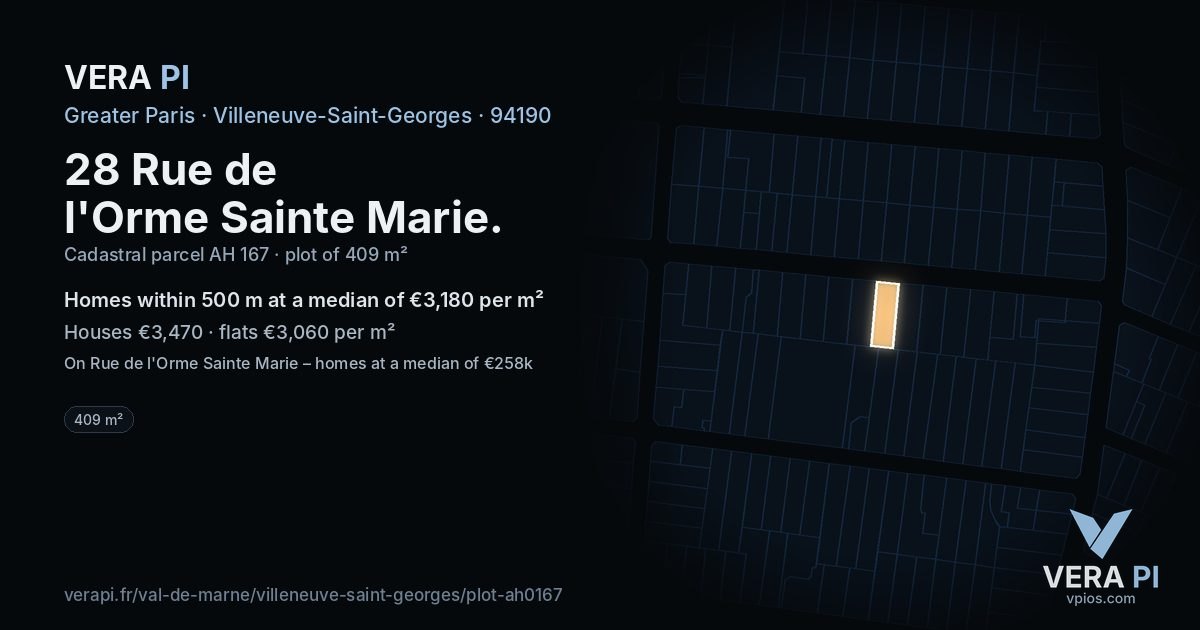 28 Rue de l'Orme Sainte Marie, Villeneuve-Saint-Georges at night – the plot lit, the parcels around coloured by the prices near them