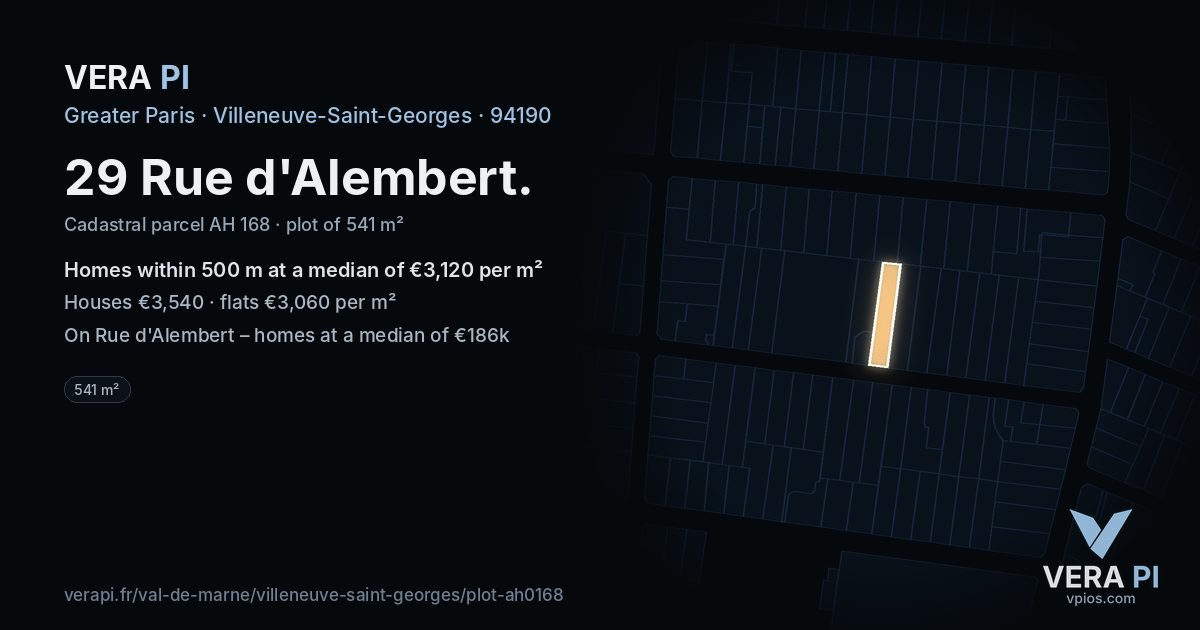 29 Rue d'Alembert, Villeneuve-Saint-Georges at night – the plot lit, the parcels around coloured by the prices near them