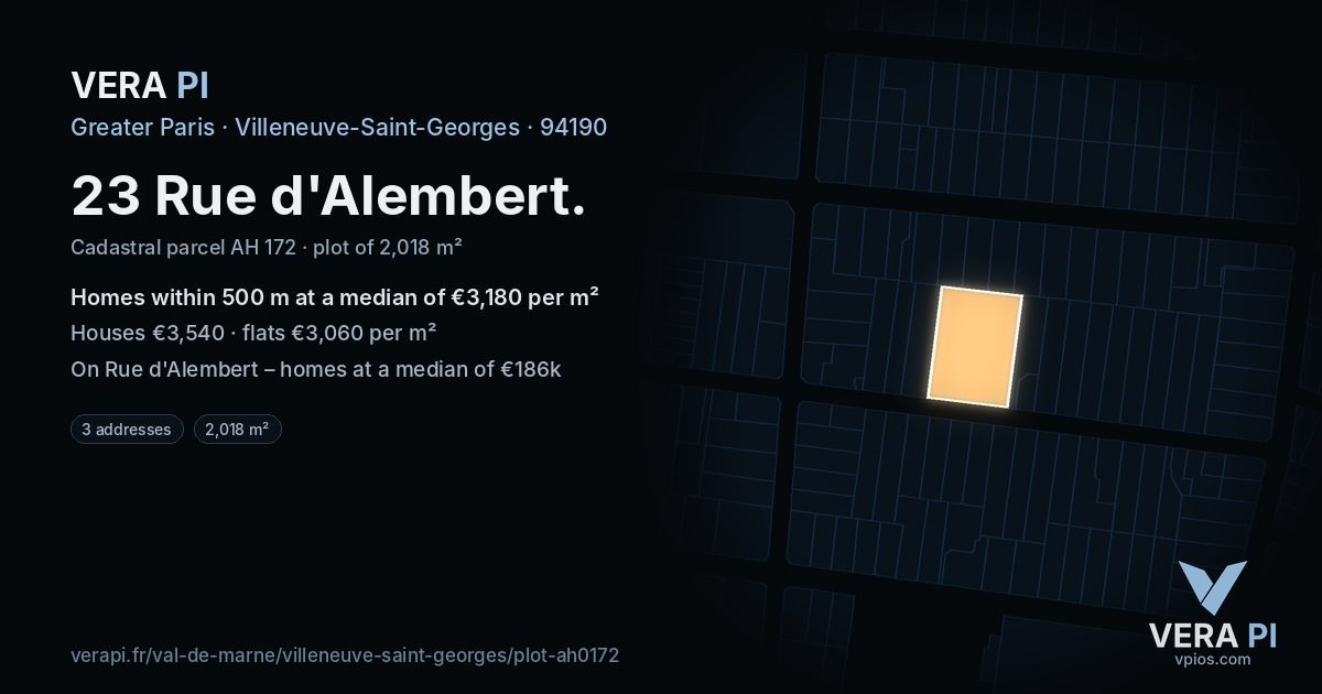 23 Rue d'Alembert, Villeneuve-Saint-Georges at night – the plot lit, the parcels around coloured by the prices near them