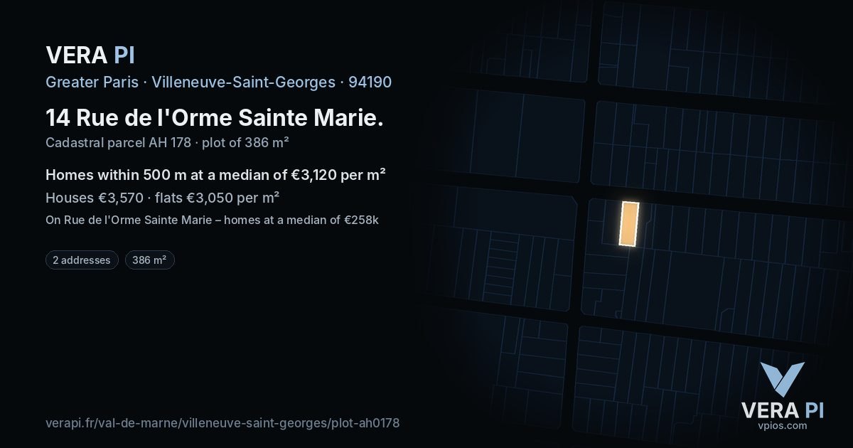 14 Rue de l'Orme Sainte Marie, Villeneuve-Saint-Georges at night – the plot lit, the parcels around coloured by the prices near them