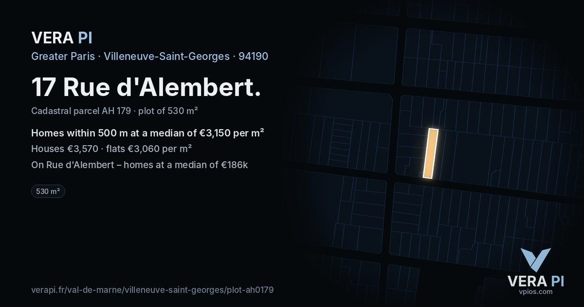17 Rue d'Alembert, Villeneuve-Saint-Georges at night – the plot lit, the parcels around coloured by the prices near them
