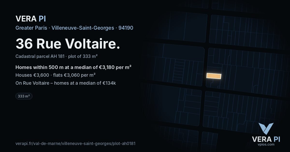 36 Rue Voltaire, Villeneuve-Saint-Georges at night – the plot lit, the parcels around coloured by the prices near them