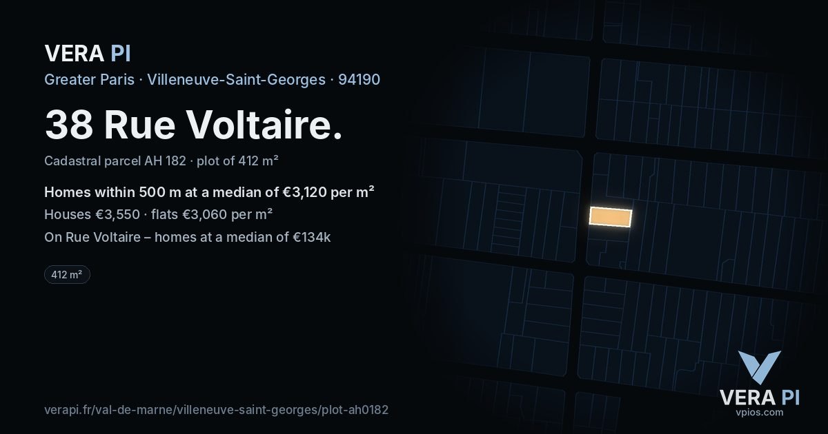 38 Rue Voltaire, Villeneuve-Saint-Georges at night – the plot lit, the parcels around coloured by the prices near them