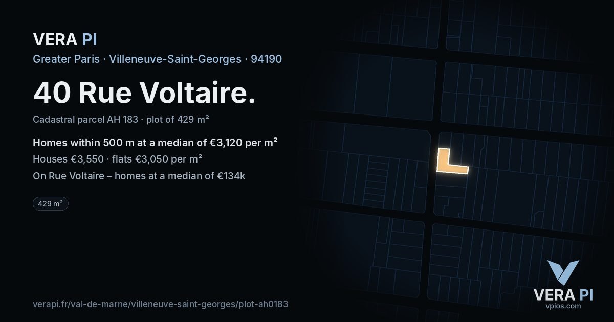 40 Rue Voltaire, Villeneuve-Saint-Georges at night – the plot lit, the parcels around coloured by the prices near them