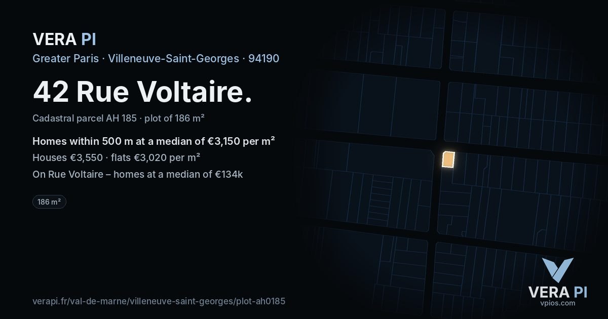 42 Rue Voltaire, Villeneuve-Saint-Georges at night – the plot lit, the parcels around coloured by the prices near them