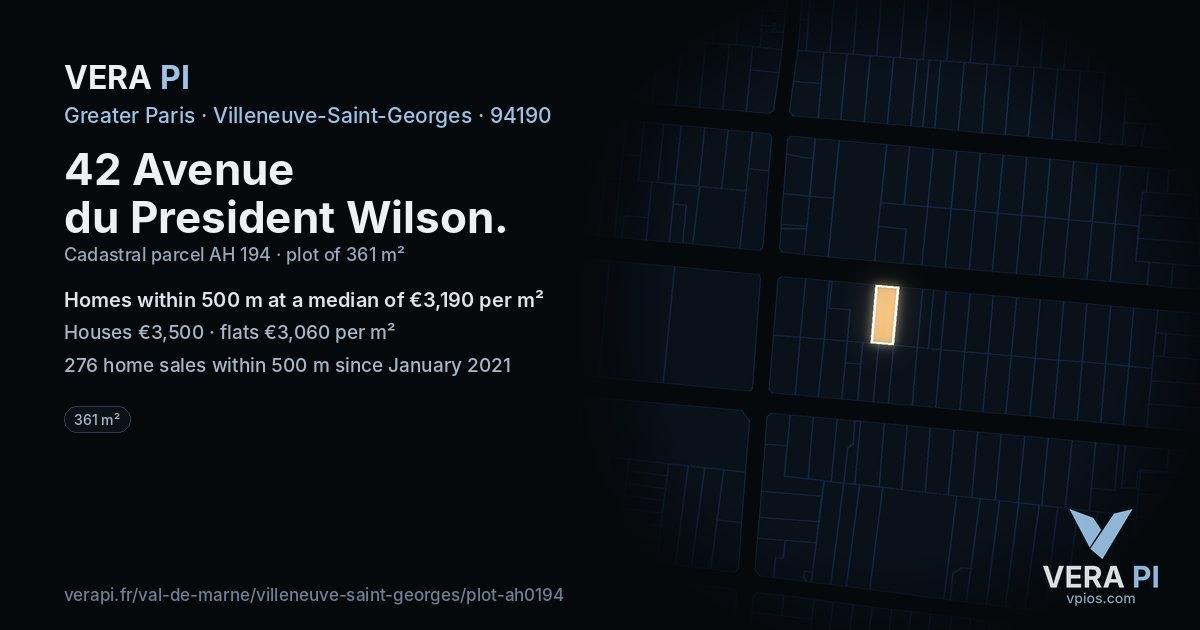 42 Avenue du President Wilson, Villeneuve-Saint-Georges at night – the plot lit, the parcels around coloured by the prices near them