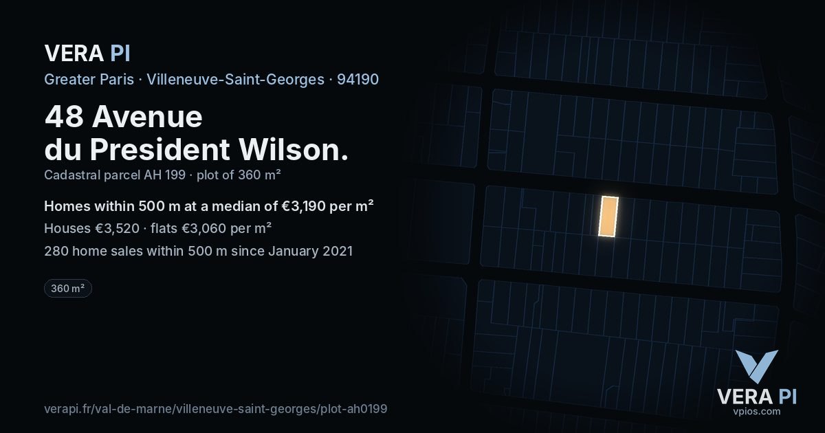 48 Avenue du President Wilson, Villeneuve-Saint-Georges at night – the plot lit, the parcels around coloured by the prices near them