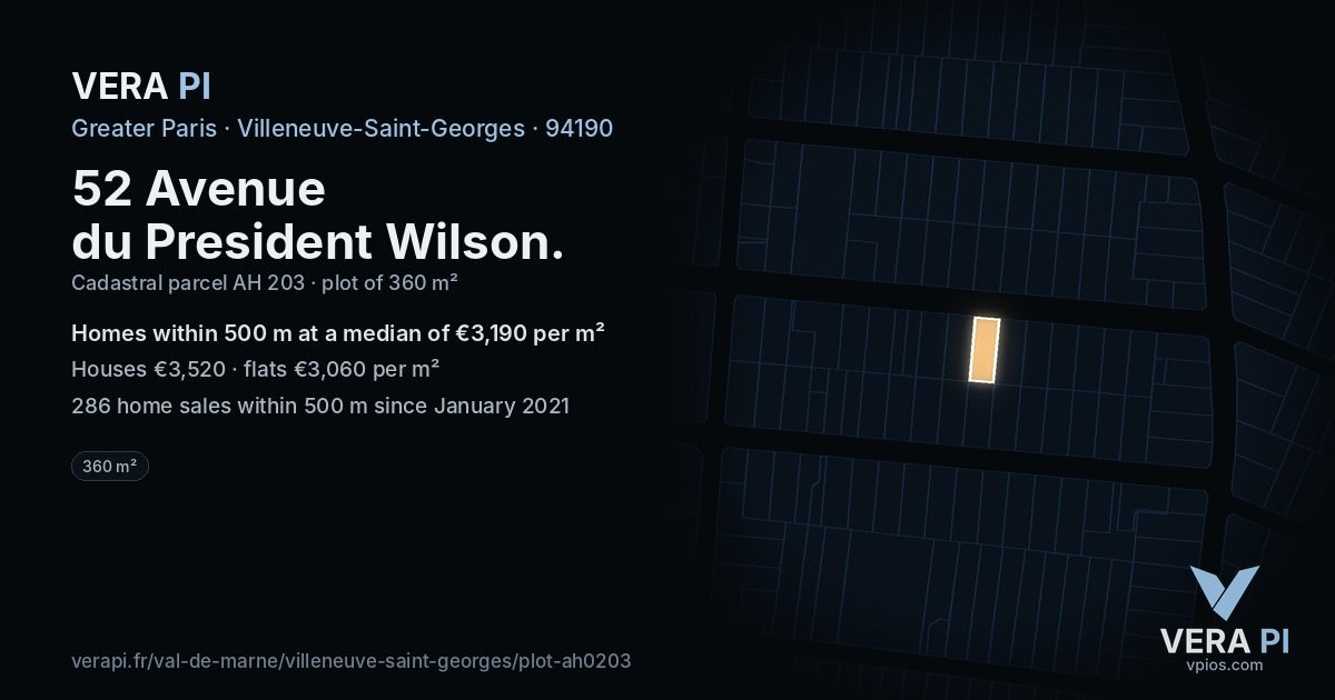 52 Avenue du President Wilson, Villeneuve-Saint-Georges at night – the plot lit, the parcels around coloured by the prices near them