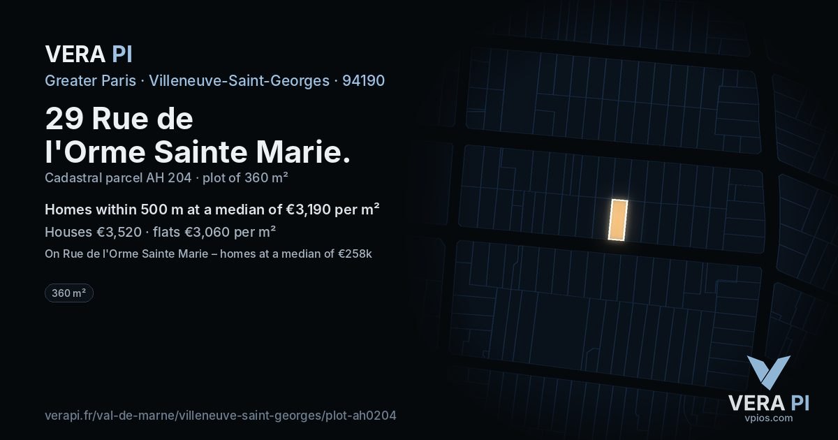 29 Rue de l'Orme Sainte Marie, Villeneuve-Saint-Georges at night – the plot lit, the parcels around coloured by the prices near them