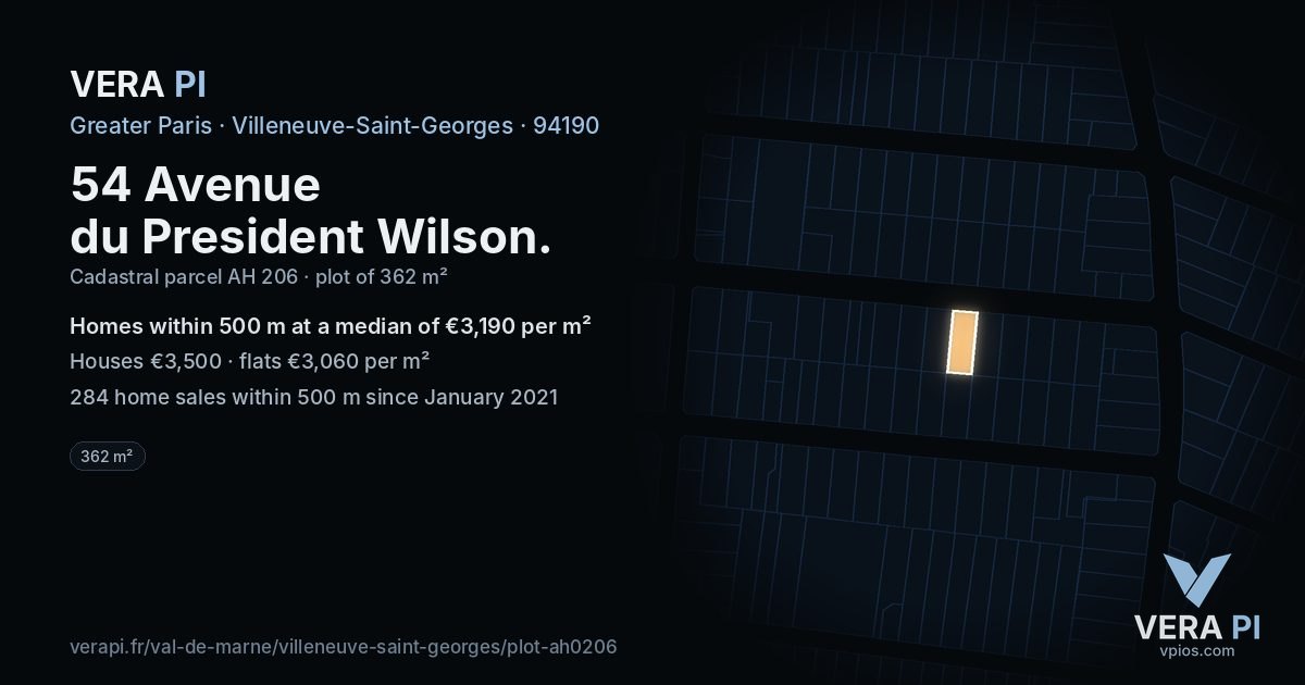 54 Avenue du President Wilson, Villeneuve-Saint-Georges at night – the plot lit, the parcels around coloured by the prices near them