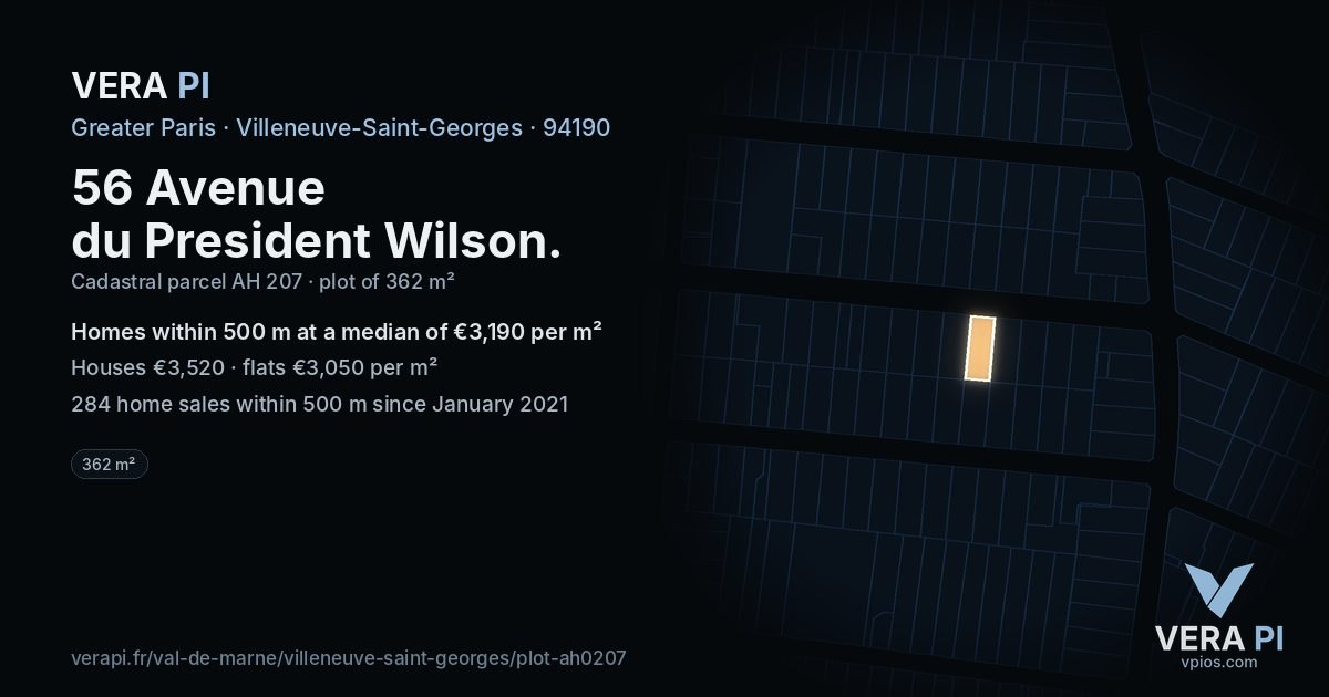 56 Avenue du President Wilson, Villeneuve-Saint-Georges at night – the plot lit, the parcels around coloured by the prices near them