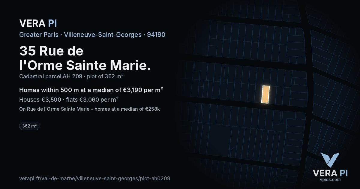 35 Rue de l'Orme Sainte Marie, Villeneuve-Saint-Georges at night – the plot lit, the parcels around coloured by the prices near them