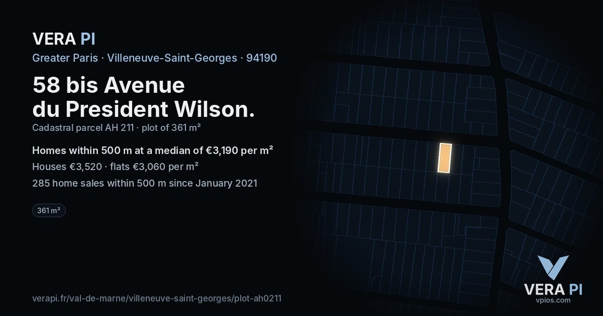 58 bis Avenue du President Wilson, Villeneuve-Saint-Georges at night – the plot lit, the parcels around coloured by the prices near them
