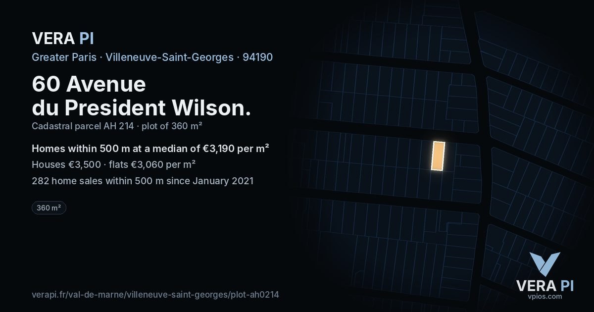 60 Avenue du President Wilson, Villeneuve-Saint-Georges at night – the plot lit, the parcels around coloured by the prices near them