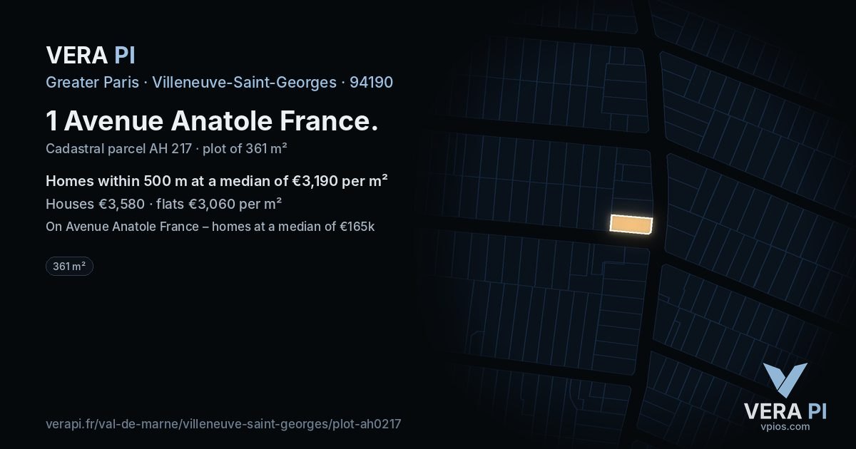 1 Avenue Anatole France, Villeneuve-Saint-Georges at night – the plot lit, the parcels around coloured by the prices near them