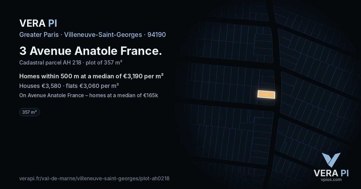 3 Avenue Anatole France, Villeneuve-Saint-Georges at night – the plot lit, the parcels around coloured by the prices near them
