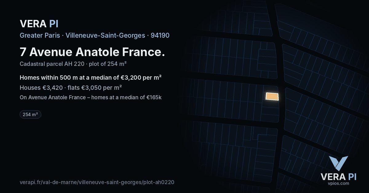 7 Avenue Anatole France, Villeneuve-Saint-Georges at night – the plot lit, the parcels around coloured by the prices near them