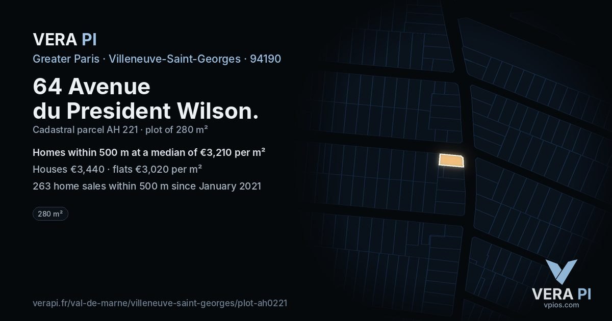 64 Avenue du President Wilson, Villeneuve-Saint-Georges at night – the plot lit, the parcels around coloured by the prices near them