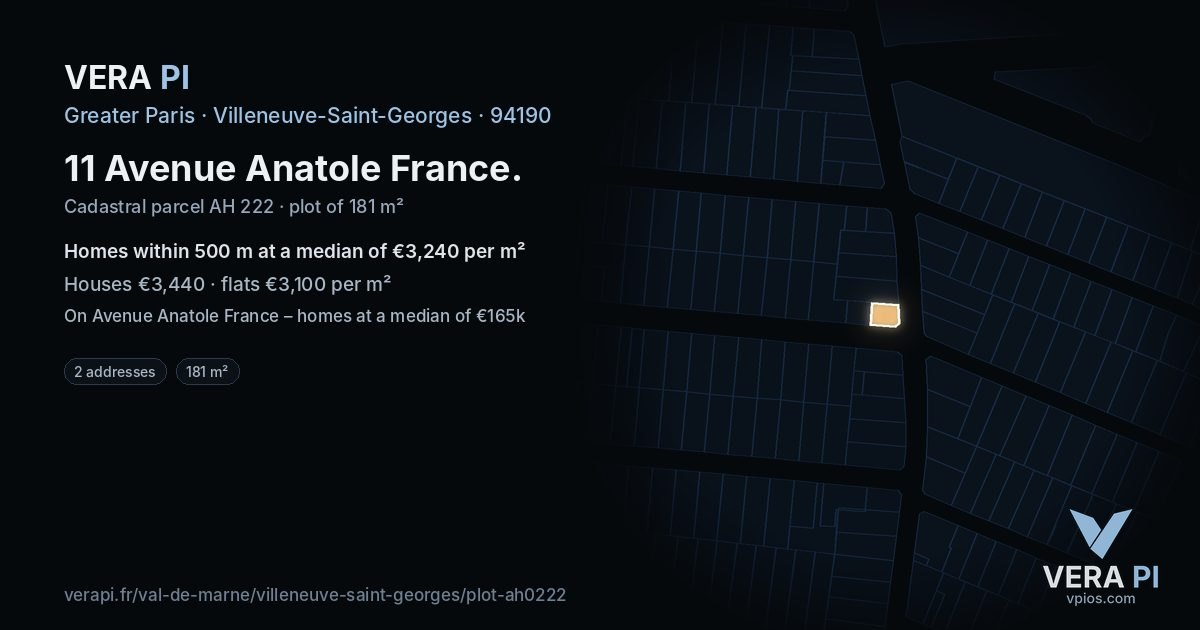 11 Avenue Anatole France, Villeneuve-Saint-Georges at night – the plot lit, the parcels around coloured by the prices near them