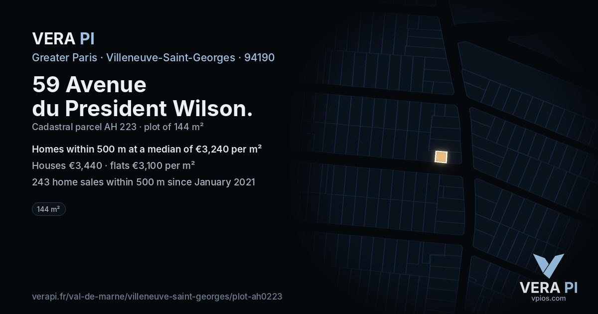 59 Avenue du President Wilson, Villeneuve-Saint-Georges at night – the plot lit, the parcels around coloured by the prices near them