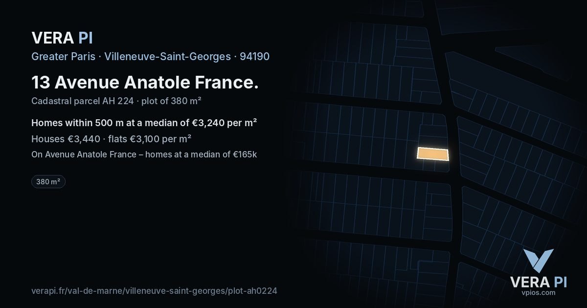 13 Avenue Anatole France, Villeneuve-Saint-Georges at night – the plot lit, the parcels around coloured by the prices near them