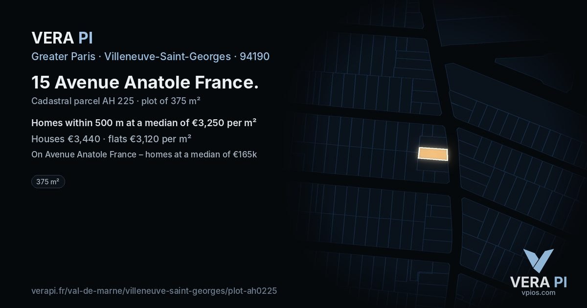 15 Avenue Anatole France, Villeneuve-Saint-Georges at night – the plot lit, the parcels around coloured by the prices near them