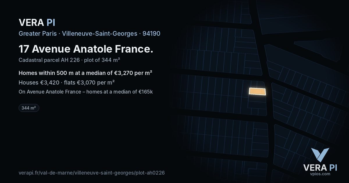 17 Avenue Anatole France, Villeneuve-Saint-Georges at night – the plot lit, the parcels around coloured by the prices near them