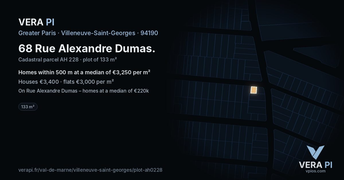 68 Rue Alexandre Dumas, Villeneuve-Saint-Georges at night – the plot lit, the parcels around coloured by the prices near them