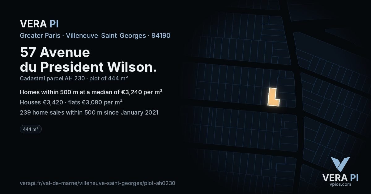 57 Avenue du President Wilson, Villeneuve-Saint-Georges at night – the plot lit, the parcels around coloured by the prices near them
