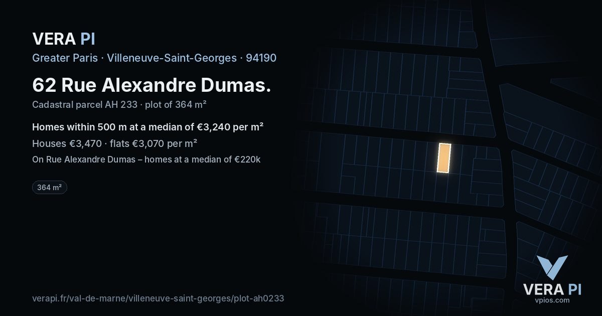 62 Rue Alexandre Dumas, Villeneuve-Saint-Georges at night – the plot lit, the parcels around coloured by the prices near them